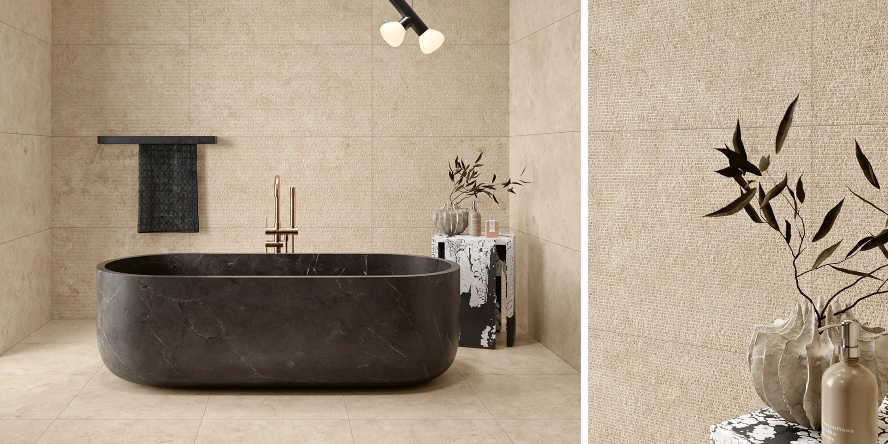 Modern bathroom with beige textured wall tiles, dark stone bathtub, and decorative table with vase and soap.