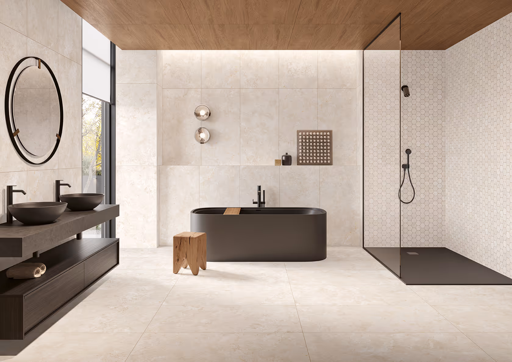Modern bathroom with black bathtub, wooden stool, double sinks, round mirror, and walk-in shower.