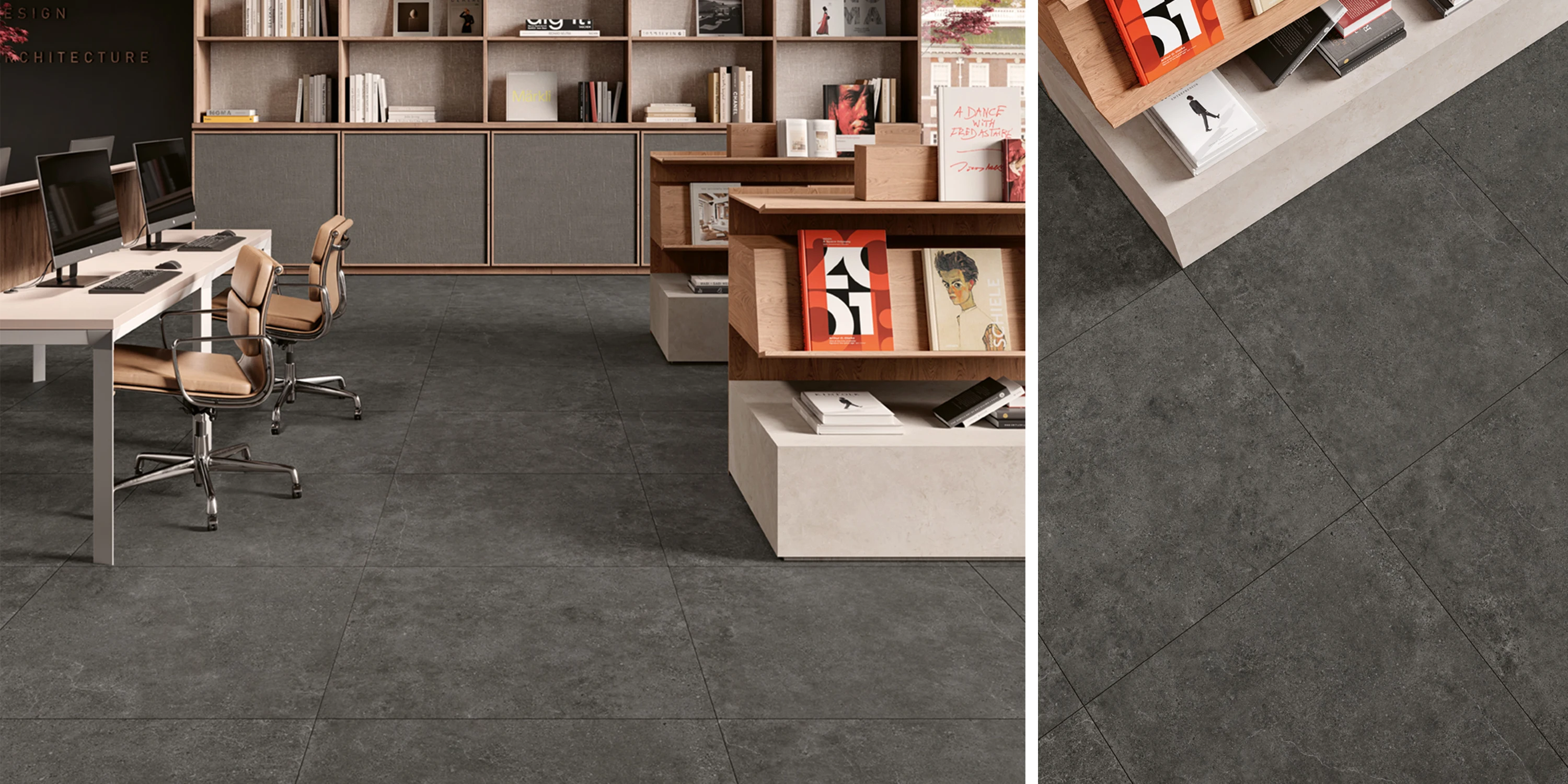 Modern office space with gray stone tile flooring, white desks, tan chairs, and wood shelves with books.