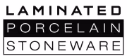 Logo with bold text reading Laminated Porcelain Stoneware in black and white blocks.