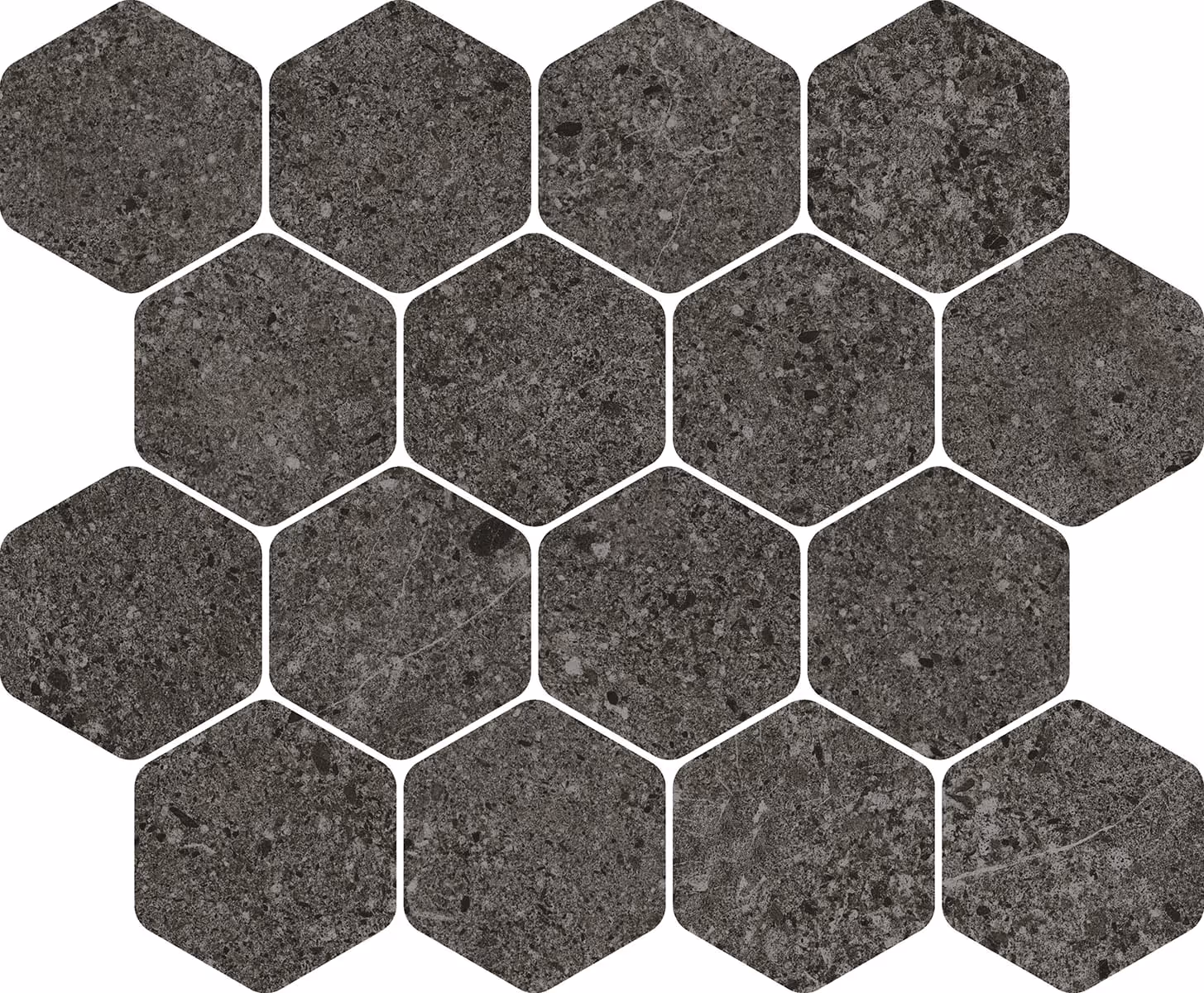 Dark gray hexagonal stone tiles with textured surface arranged in a mosaic pattern on white background.