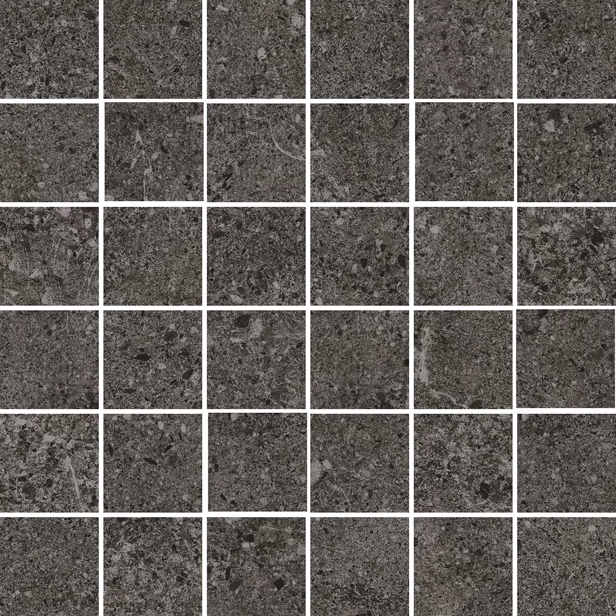 Grid of dark gray mosaic stone tiles with varied textured patterns and subtle white grout lines.
