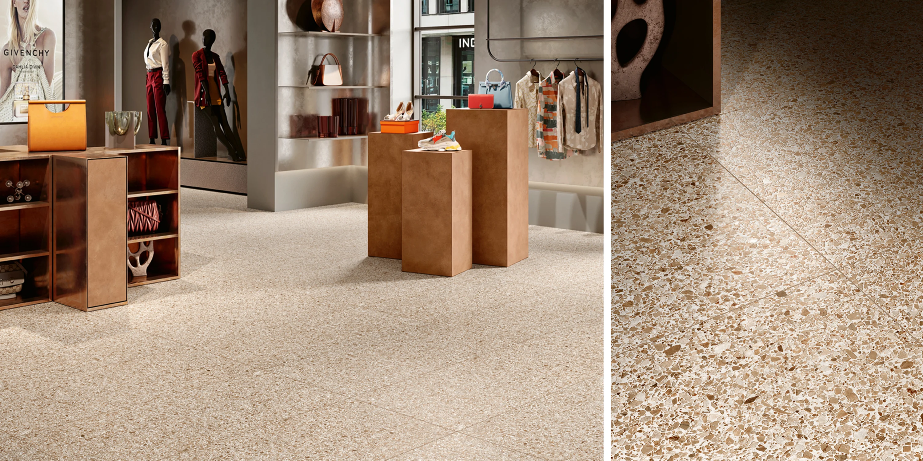 Luxury boutique interior with beige terrazzo flooring, mannequins, and display pedestals.