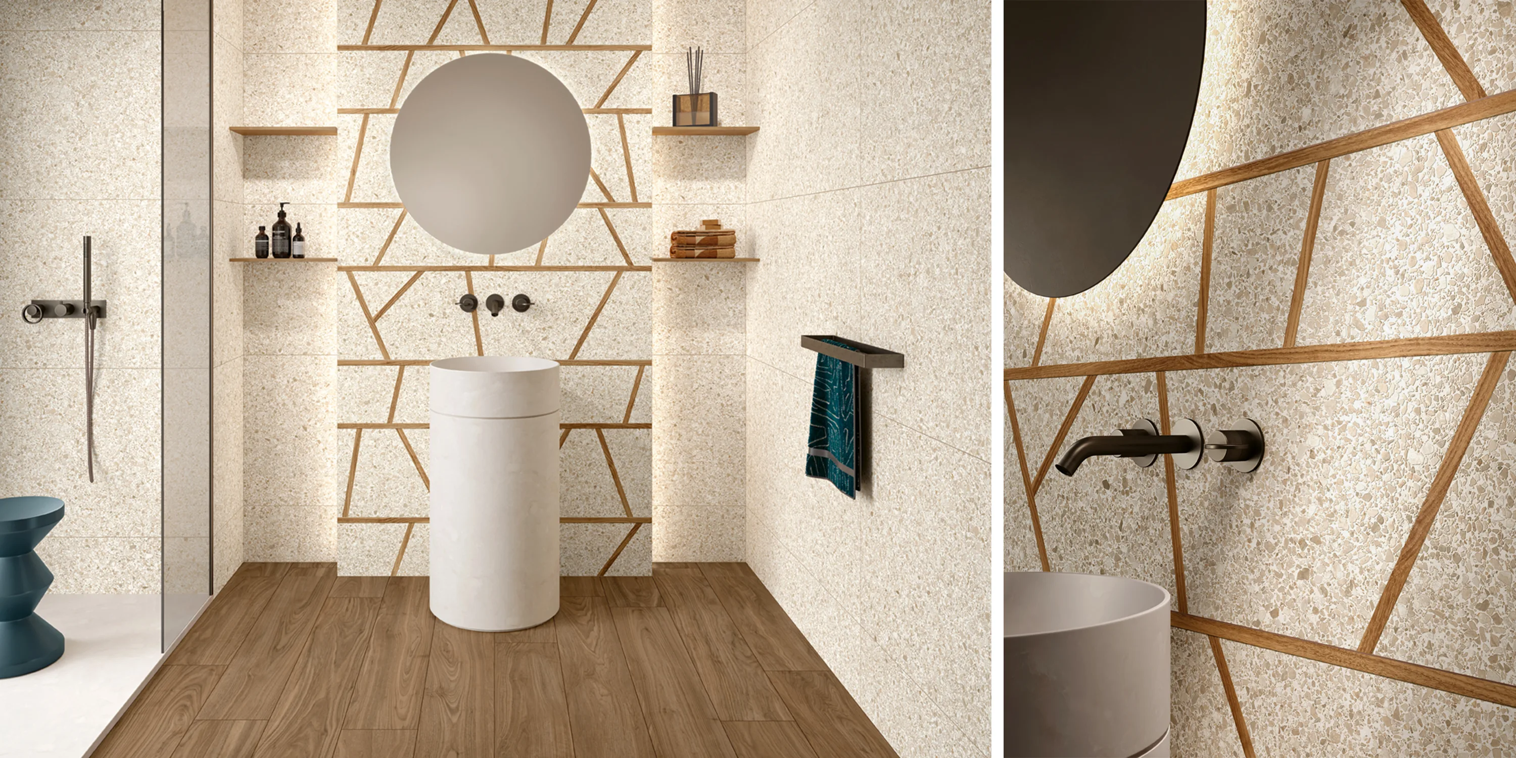 Modern bathroom with geometric patterned beige wall, round mirror, pedestal sink, and wood-look floor.