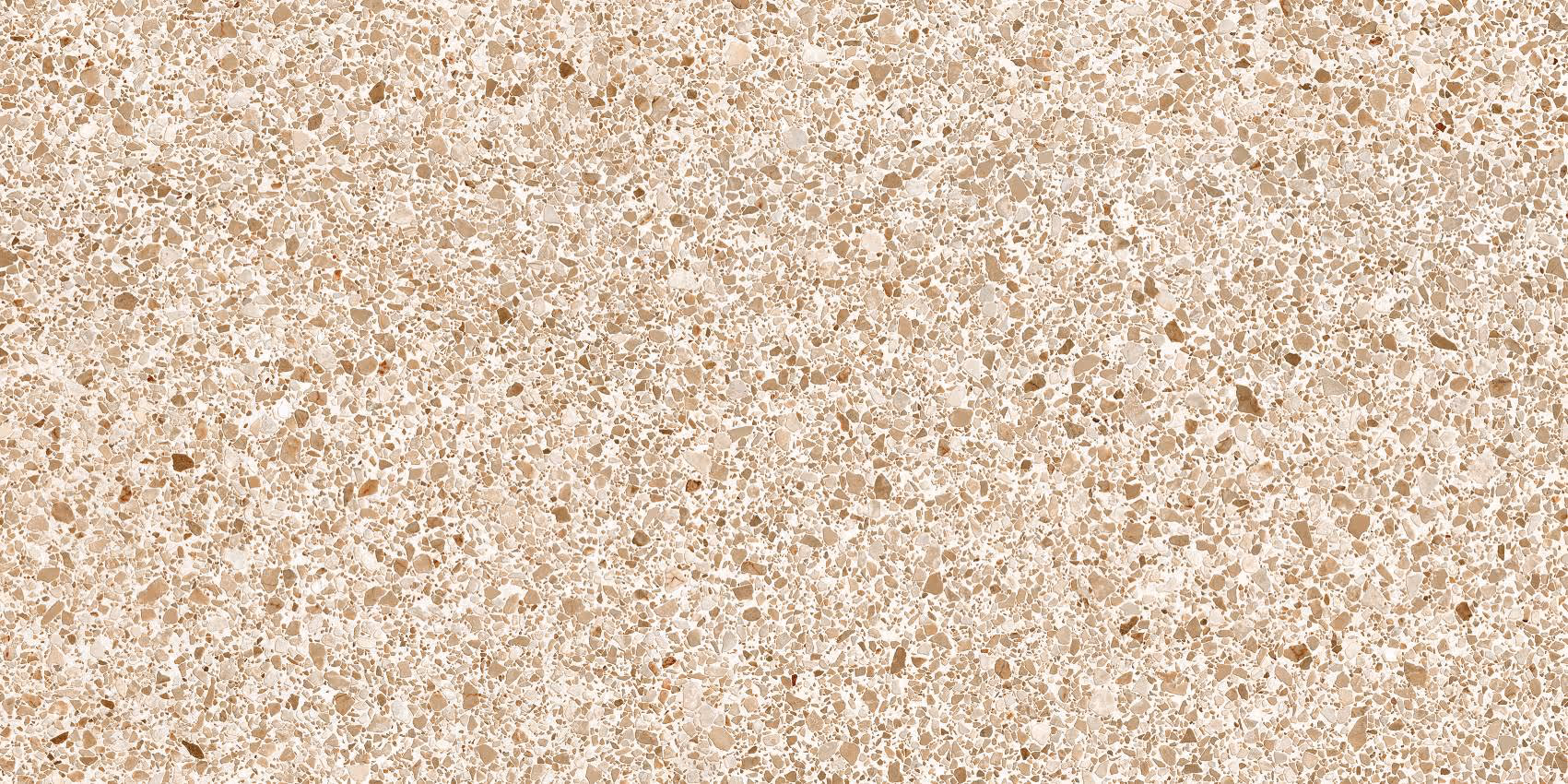 Close-up of beige terrazzo floor with small stone chips embedded in the surface.