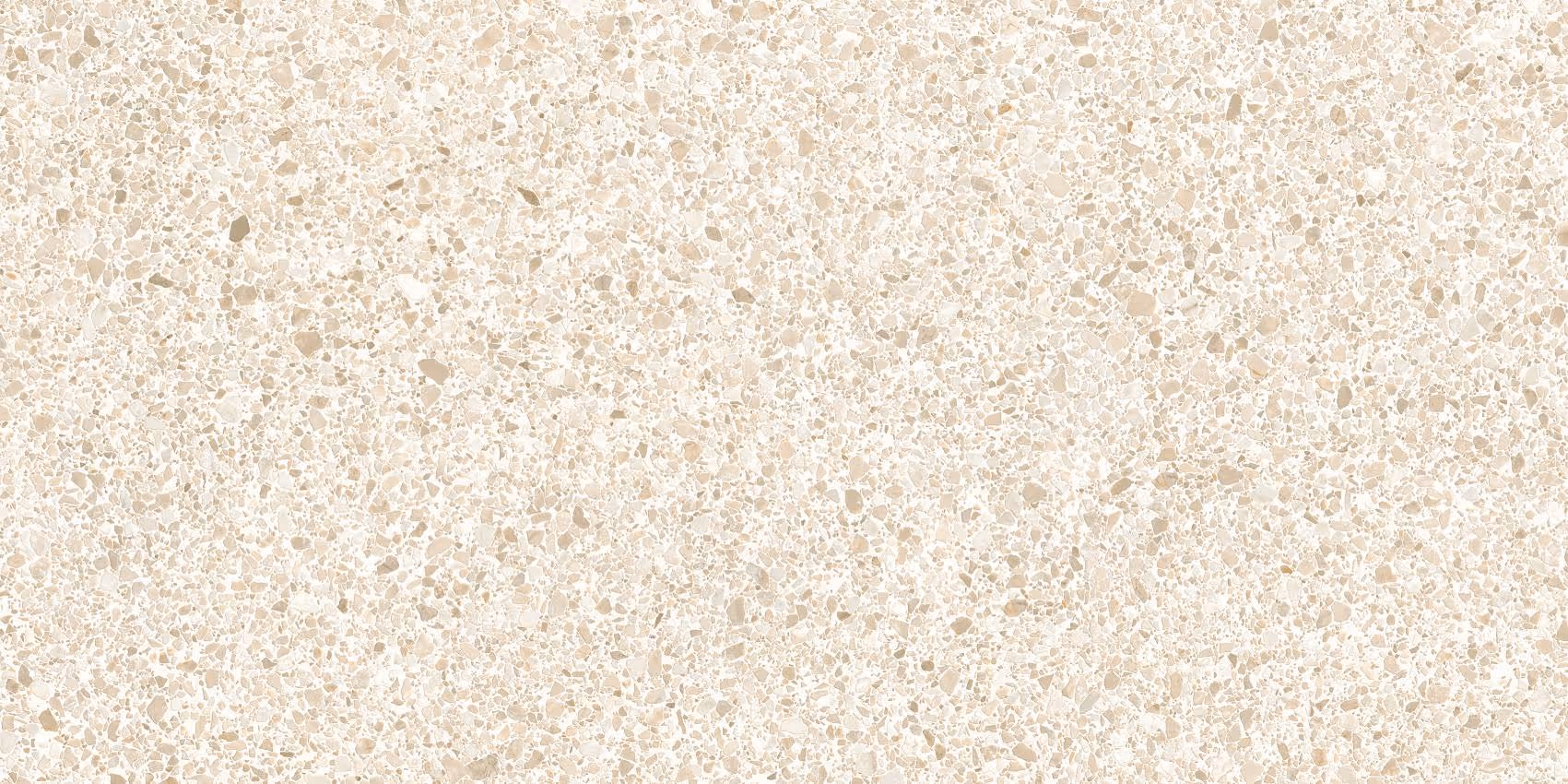 Close-up of beige and cream terrazzo surface with small stone chips.