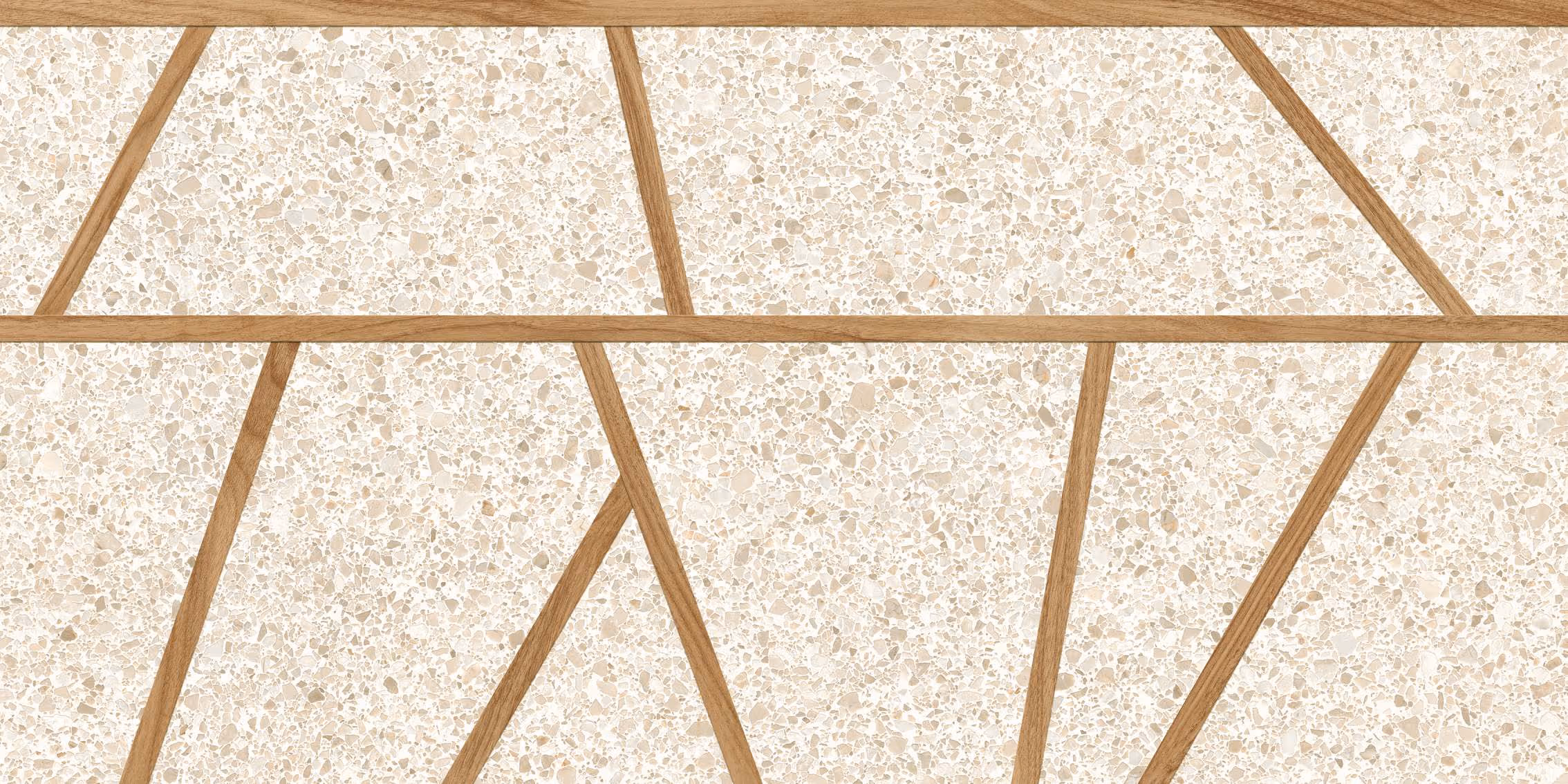Close-up of beige terrazzo tile flooring with irregular wooden inlays creating geometric patterns.