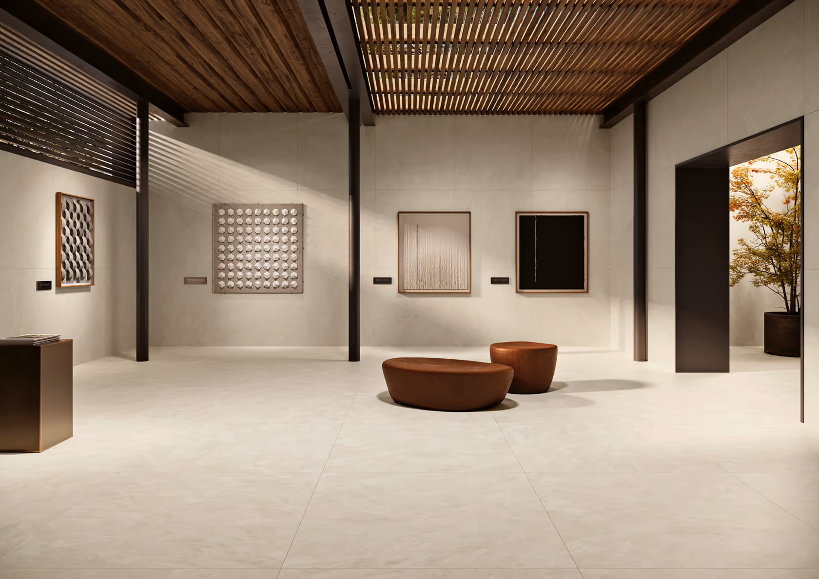 Modern art gallery with abstract paintings, wooden ceiling slats, two brown ottomans, and a potted plant.