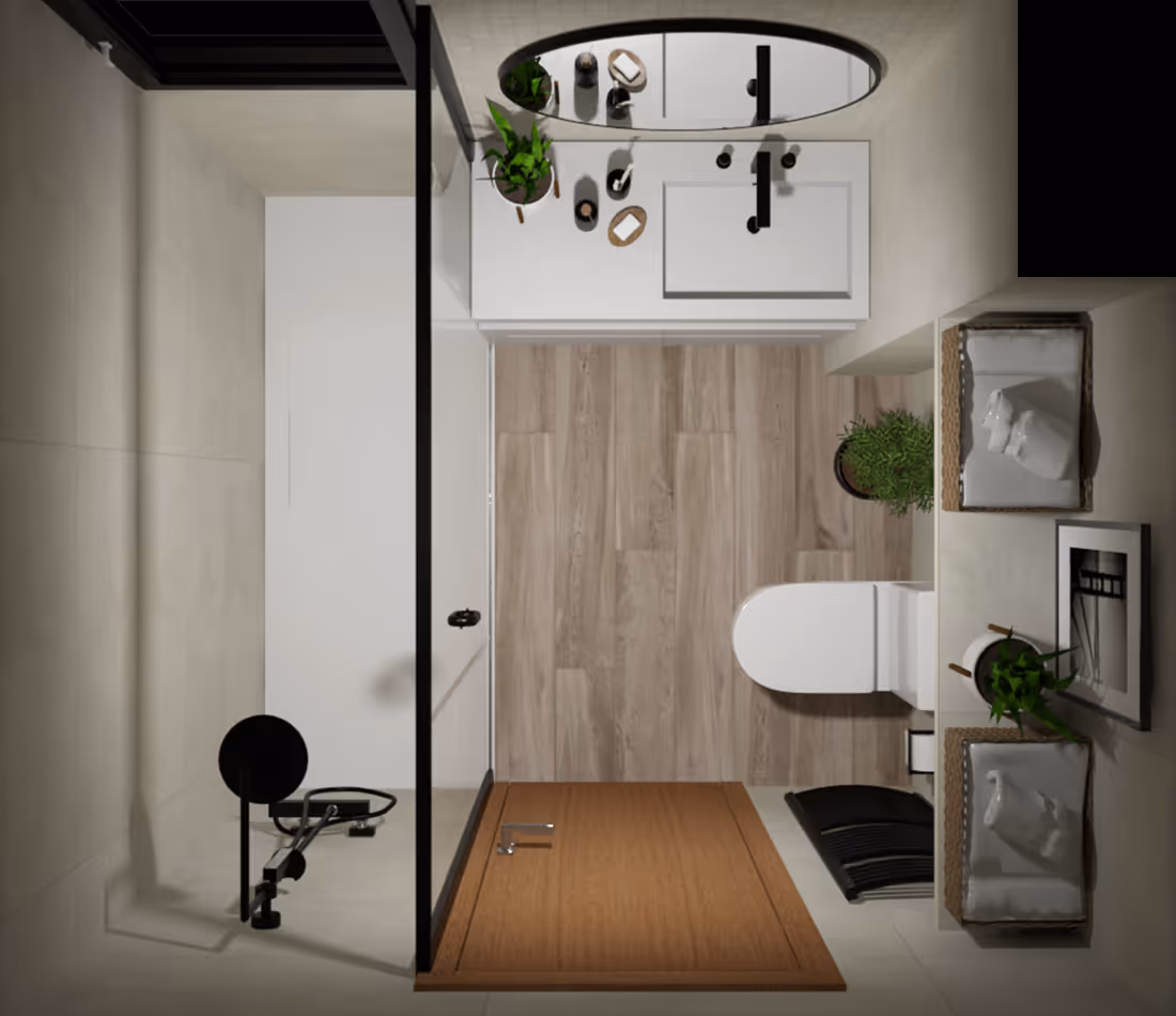 Top view of a modern bathroom with wood door, shower, white sink, toilet, plants, and towels.
