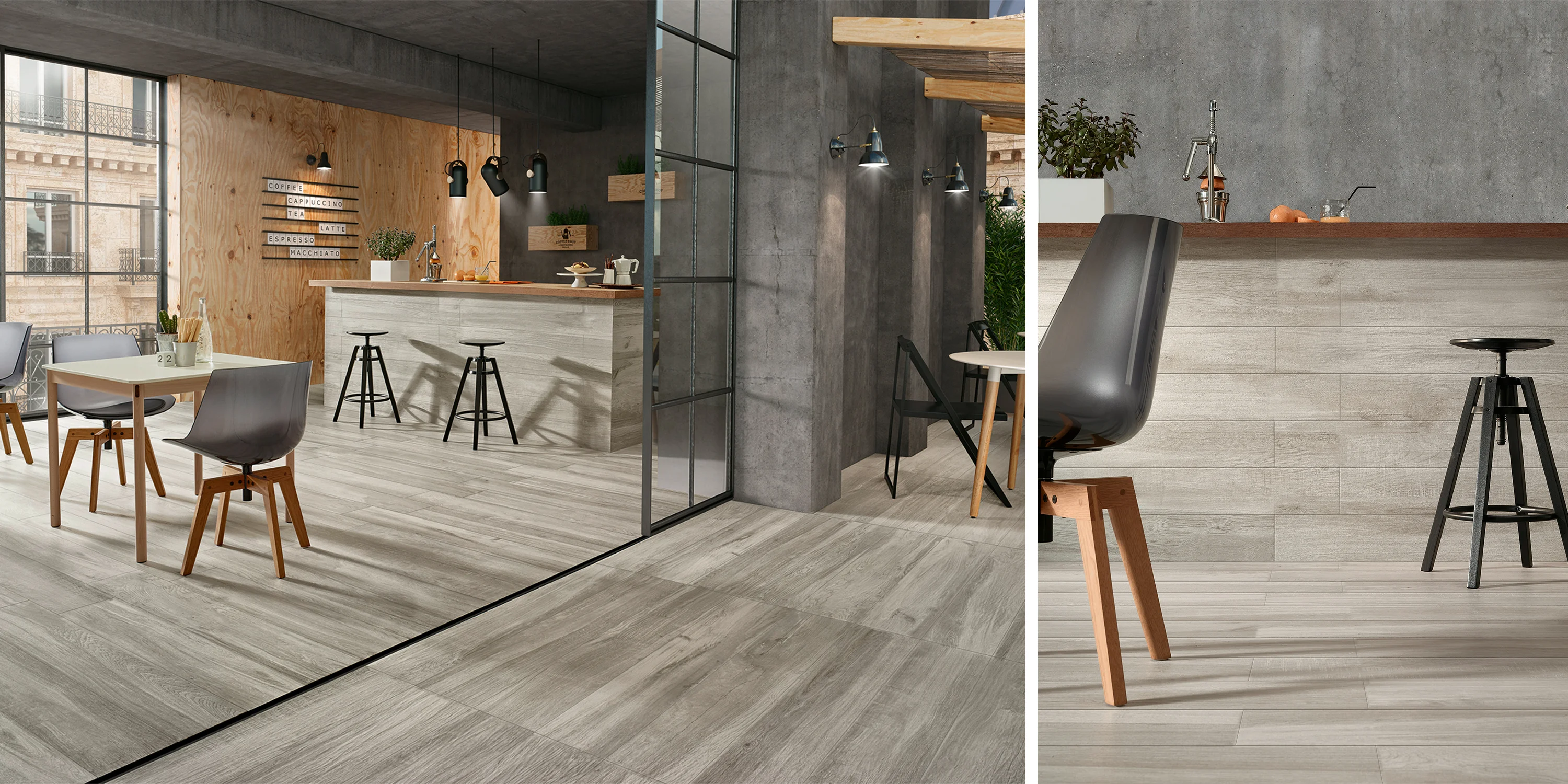 Modern cafe interior with light wood-look flooring, gray chairs, concrete and wood accents.