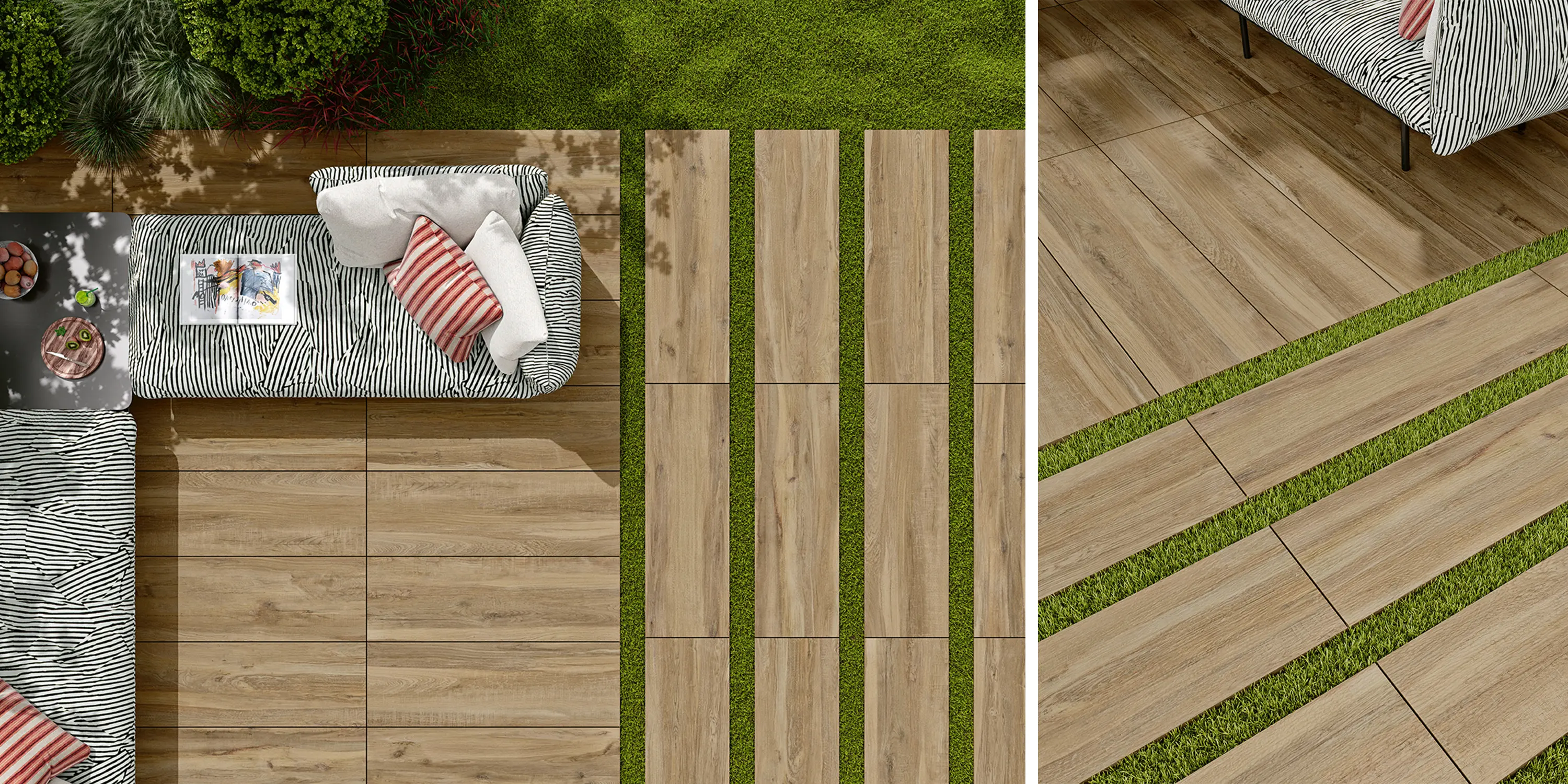 Top view of outdoor seating with striped cushions, wooden decking, and grassy gaps creating a pattern.