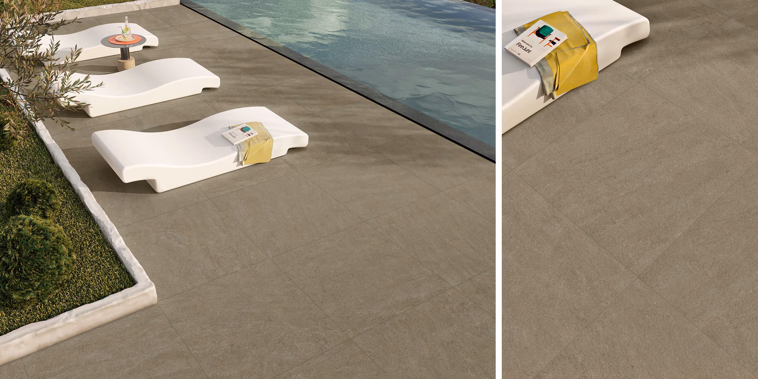 Poolside area with three white lounge chairs, one covered with a yellow towel and book.