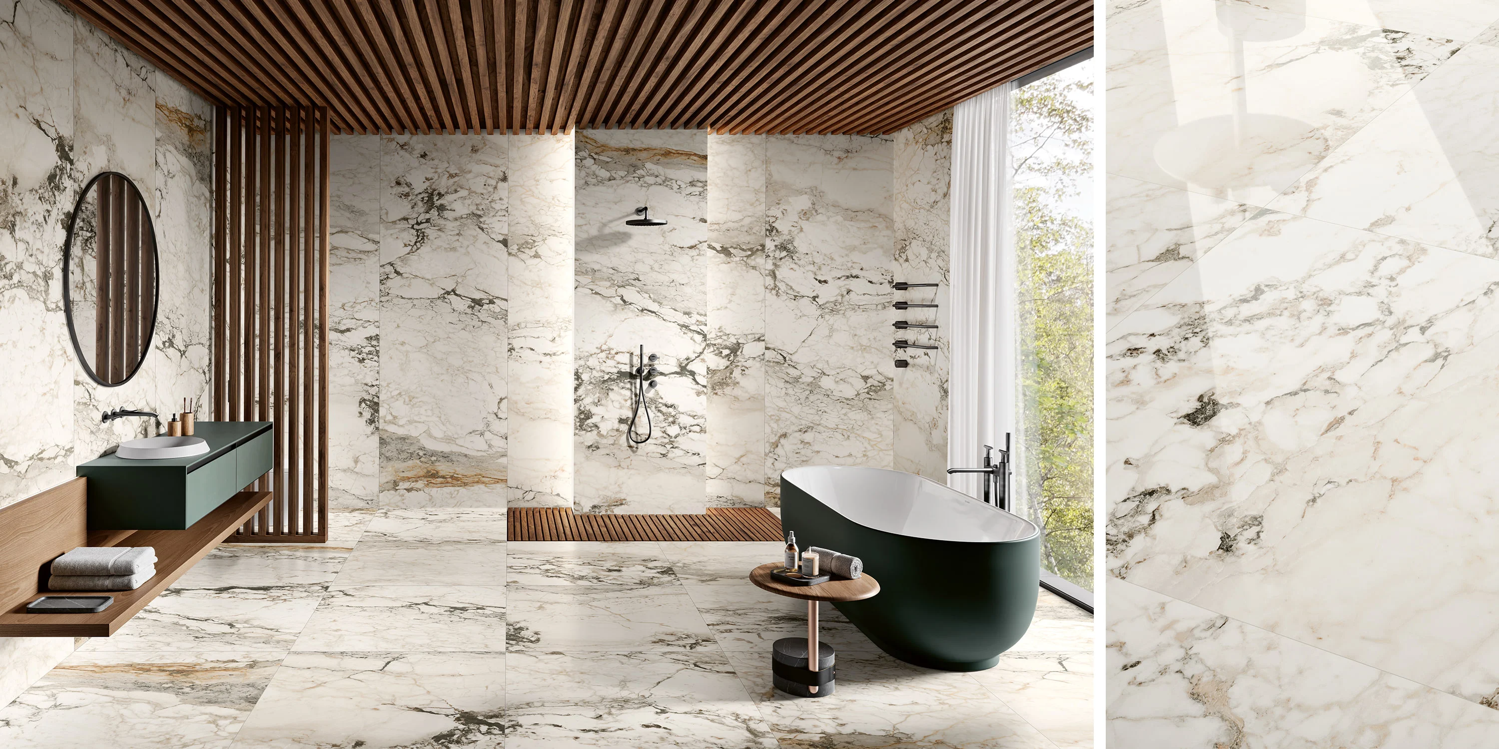 Modern bathroom with marble walls and floor, dark green bathtub, shower, and wooden ceiling.