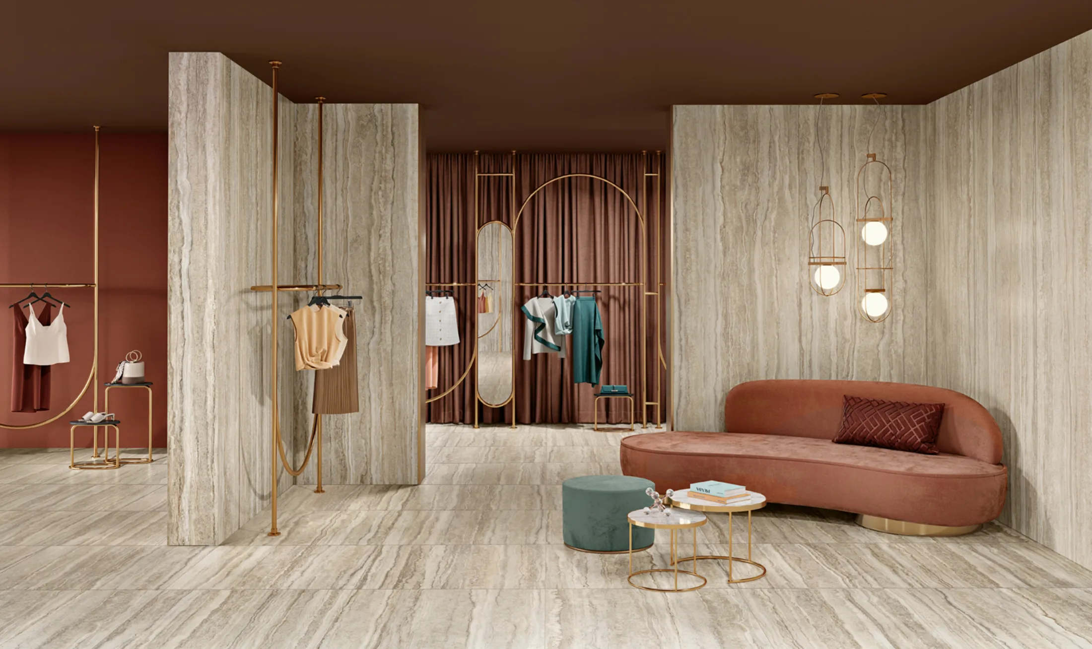 Modern boutique interior with beige marble walls, clothing racks, a curved sofa, and hanging lights.