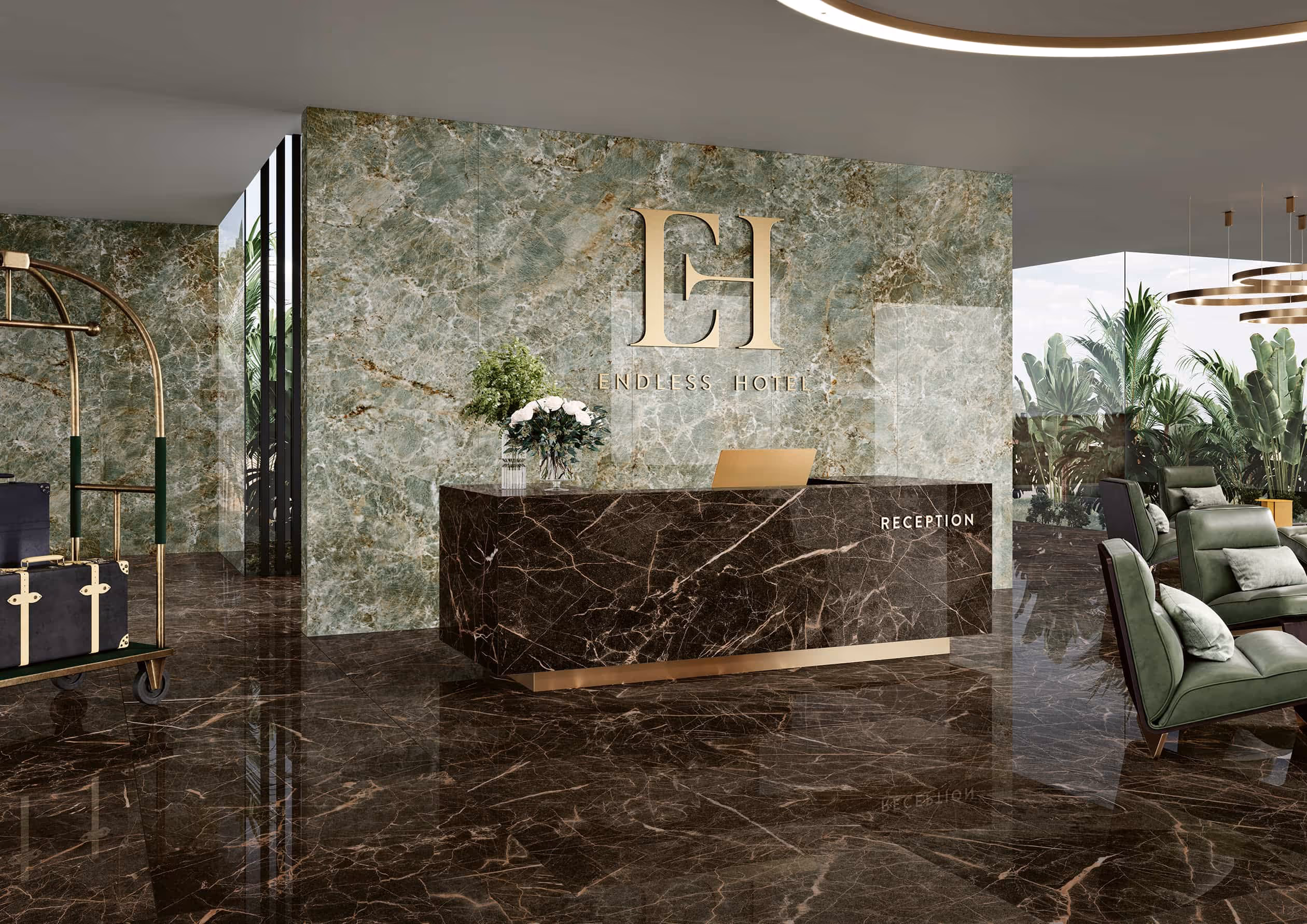 Luxurious hotel reception area with marble floors, stone wall, green chairs, and luggage cart.