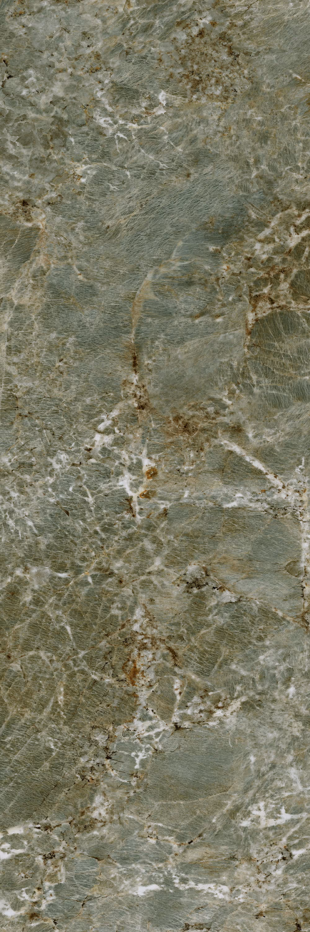 Close-up of greenish gray marble with white and brown veining and natural stone texture.