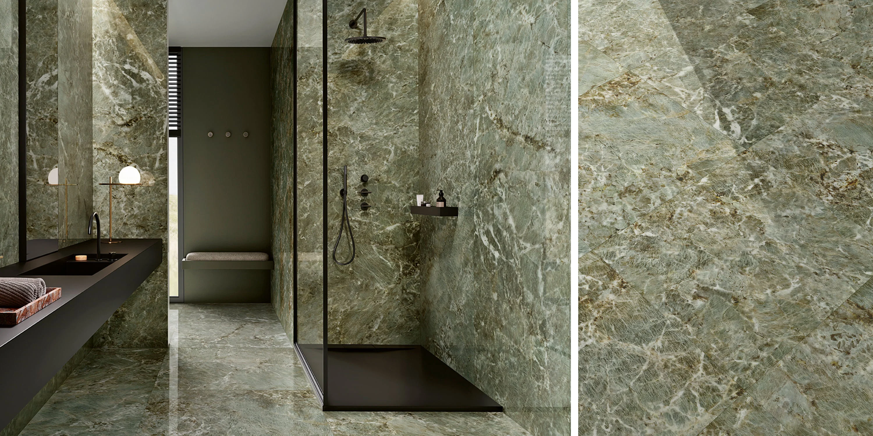 Modern bathroom with green marble walls and floor, walk-in shower, and black countertop sink.