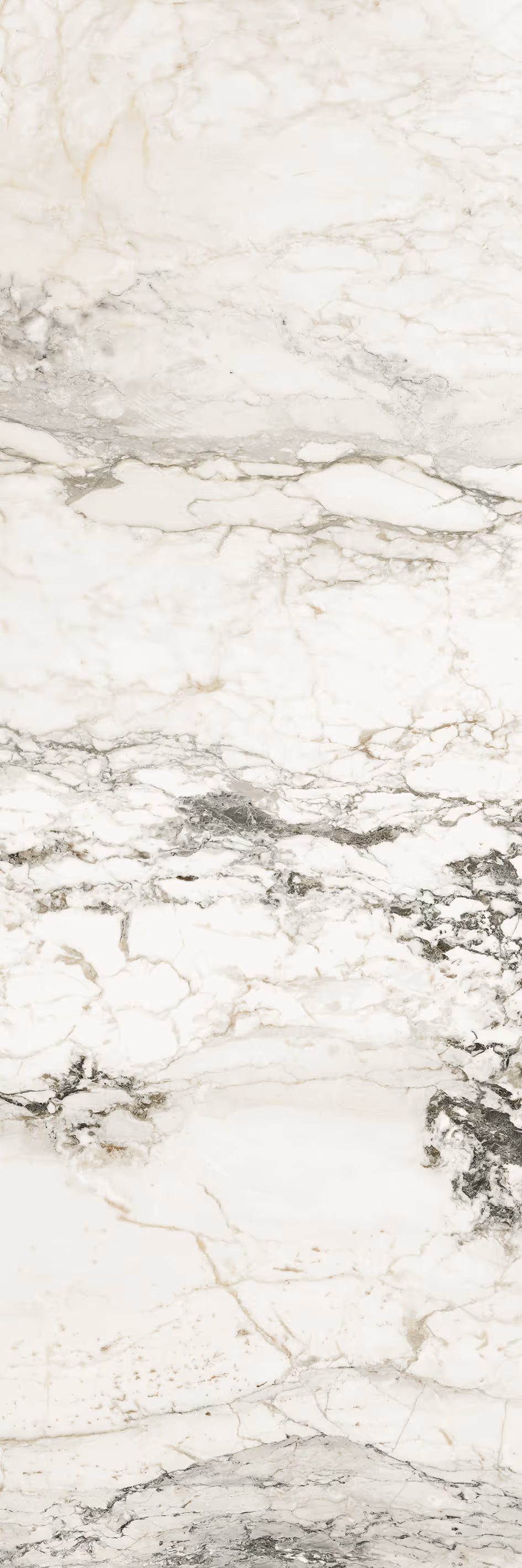 White marble slab with gray and black natural veining and texture throughout.