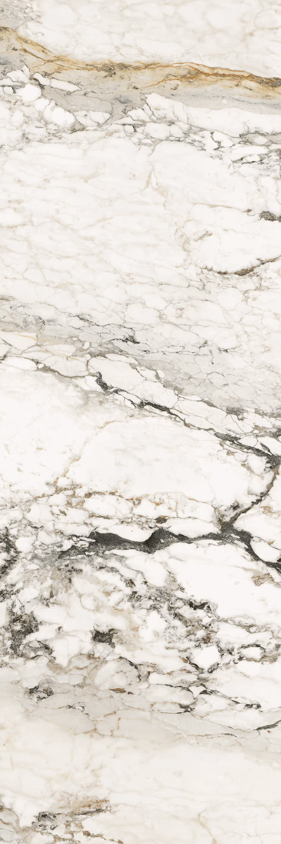 White marble slab with gray and beige veining forming natural patterns.