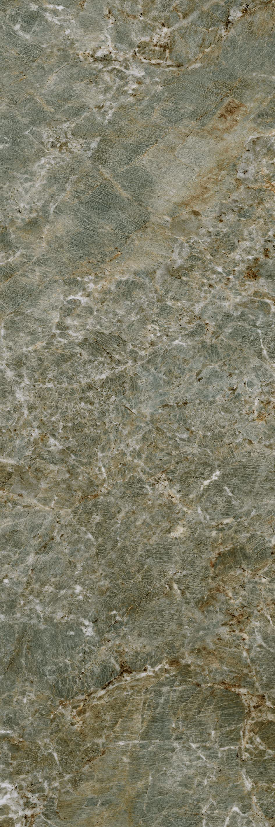 Close-up of amazonite stone with greenish and beige tones and white veining texture.