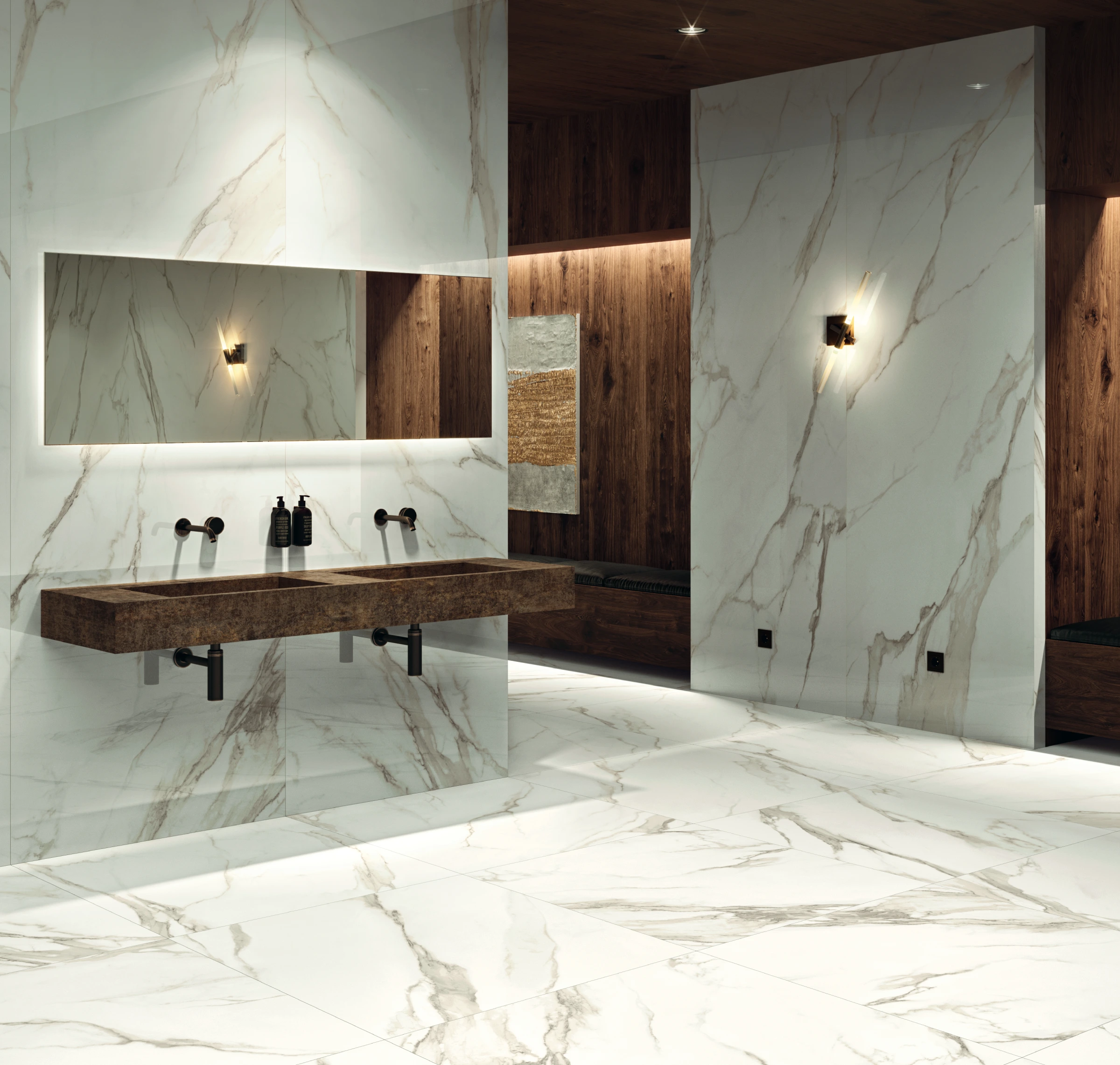 Modern bathroom with large marble tiles, a brown rectangular double sink, and wood paneled walls.