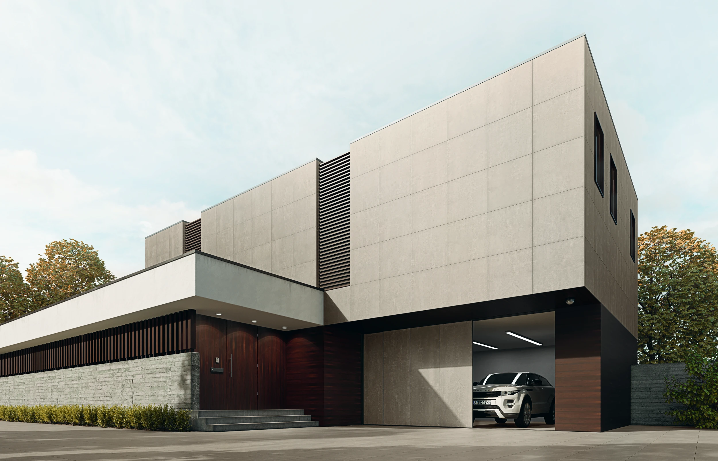 Modern two-story house with a gray exterior, wooden accents, and a white SUV partially visible in the garage.