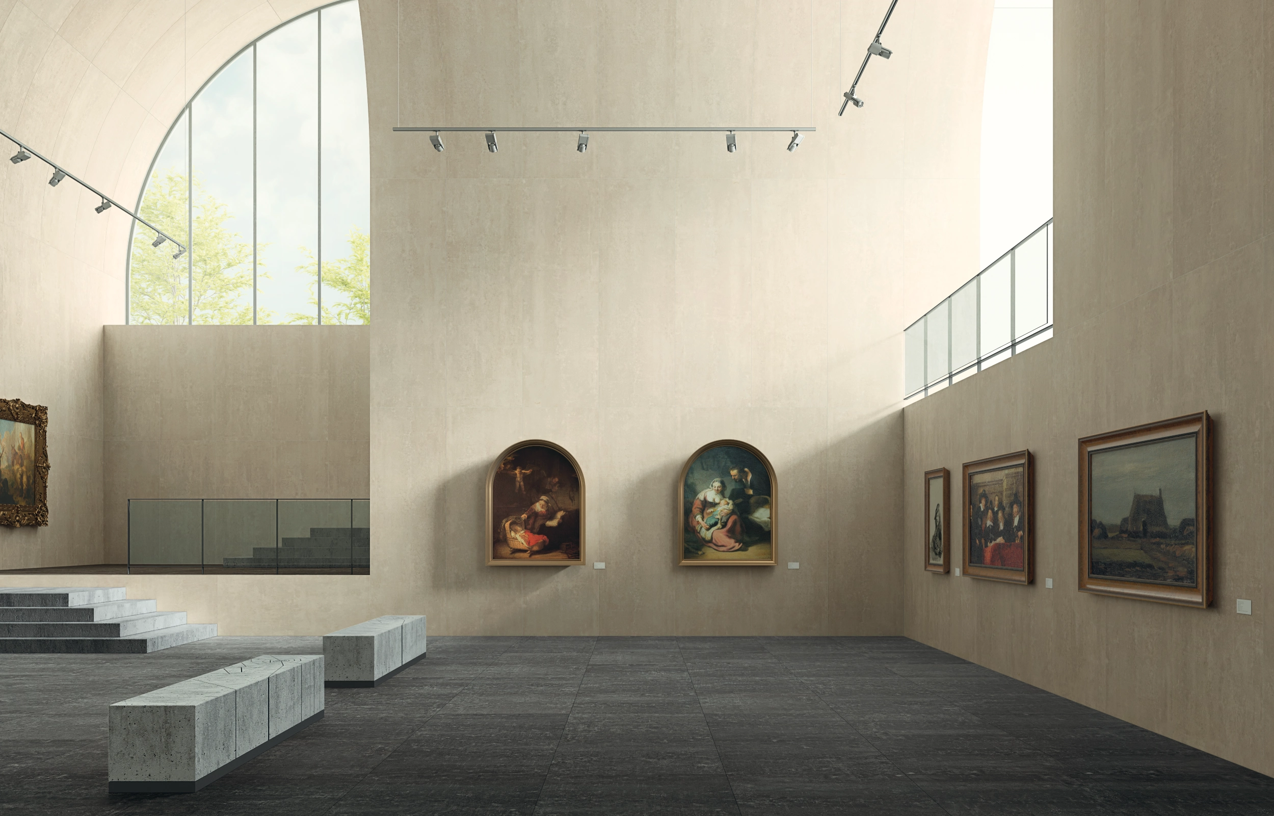 Modern art gallery room with large arched windows, six framed paintings on beige walls, and concrete benches.