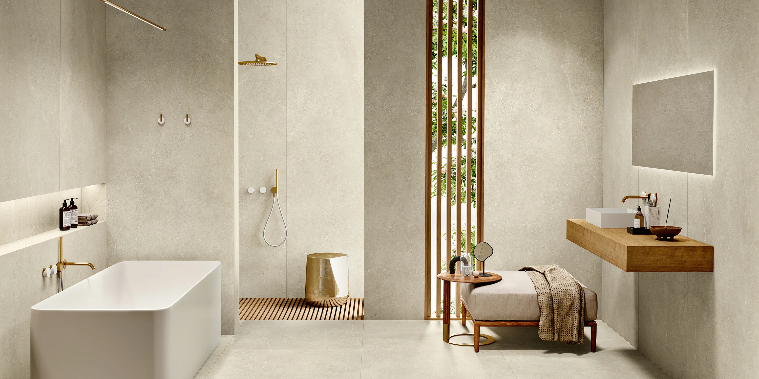 Minimalist bathroom with freestanding tub, walk-in shower, cushioned bench, wood shelf, and narrow window blinds.