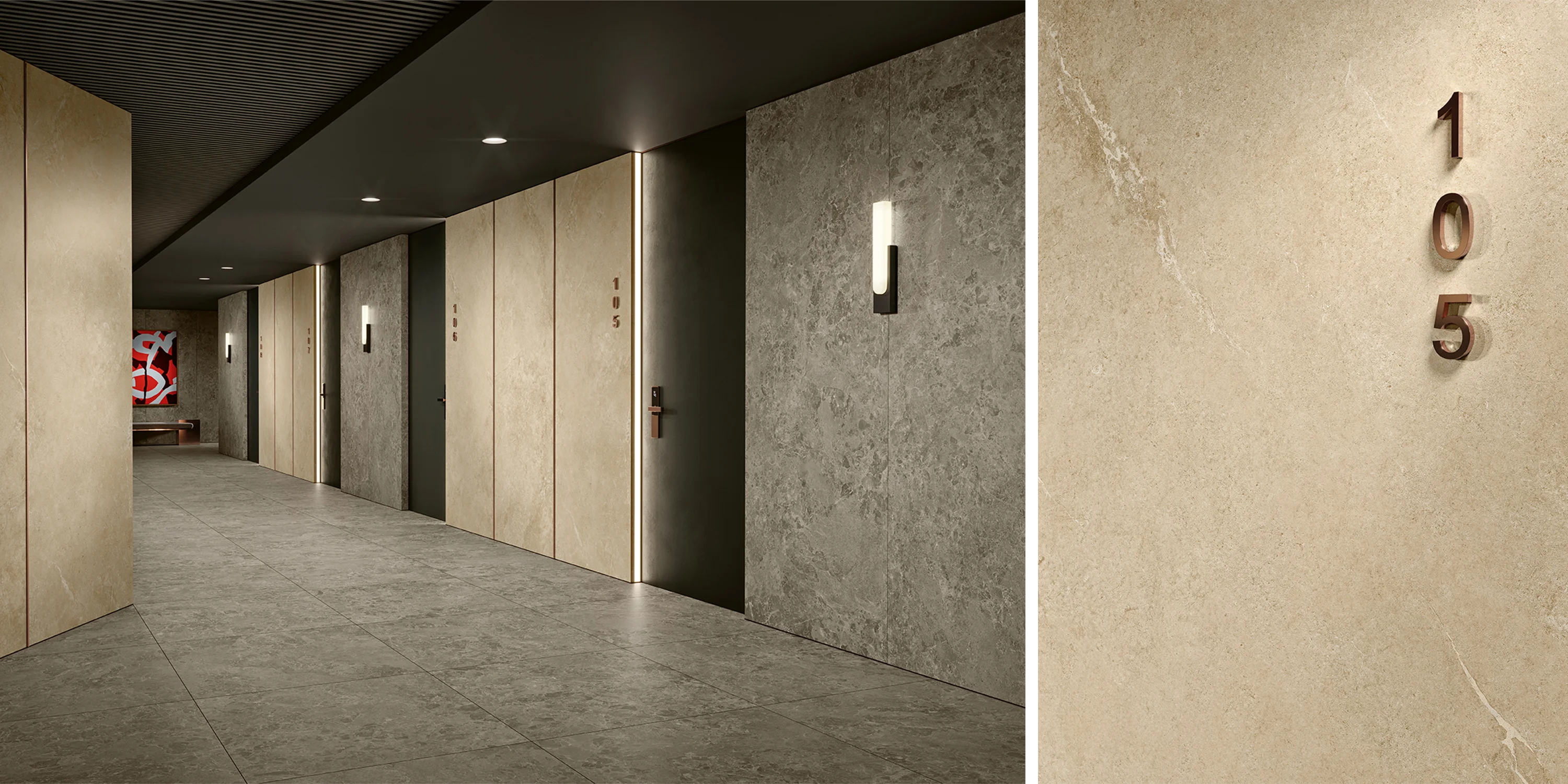 Modern hallway with stone-textured walls and floors, room numbers 101 to 106 visible on doors.