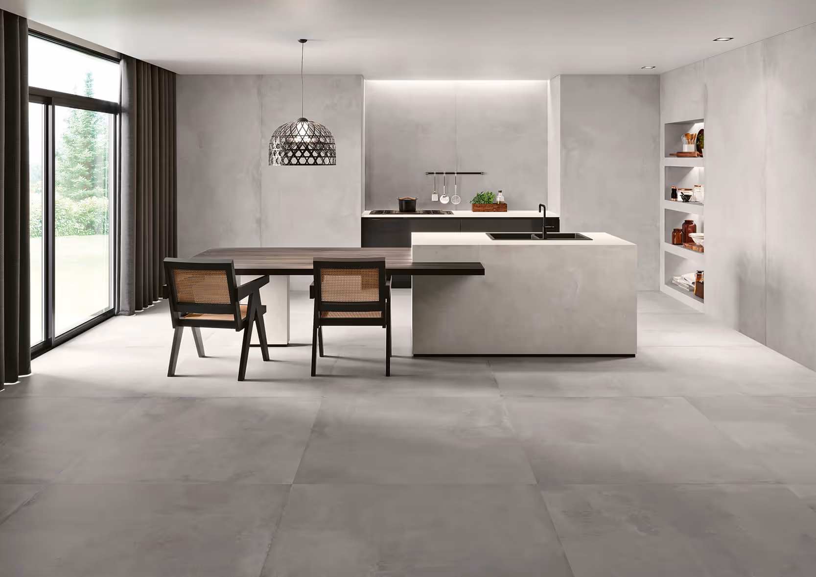 Modern minimalist kitchen with island, wooden table, two chairs, and large window with curtains.