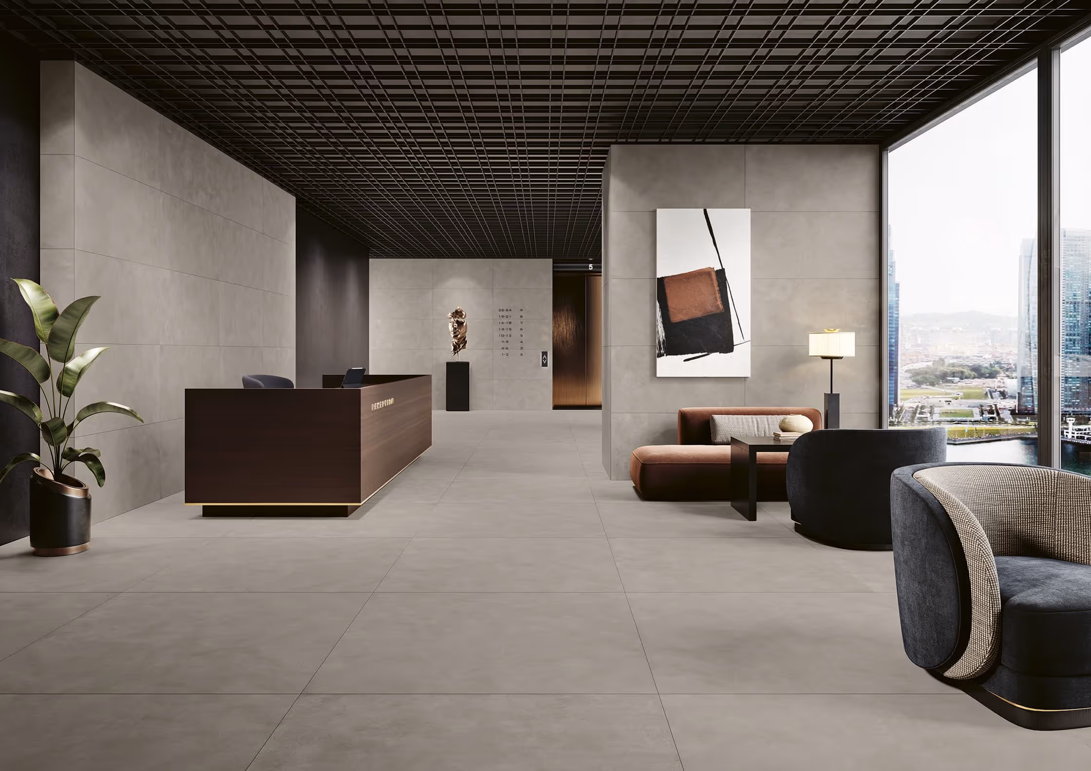 Modern lobby with dark reception desk, seating area, abstract art, large window with city view.