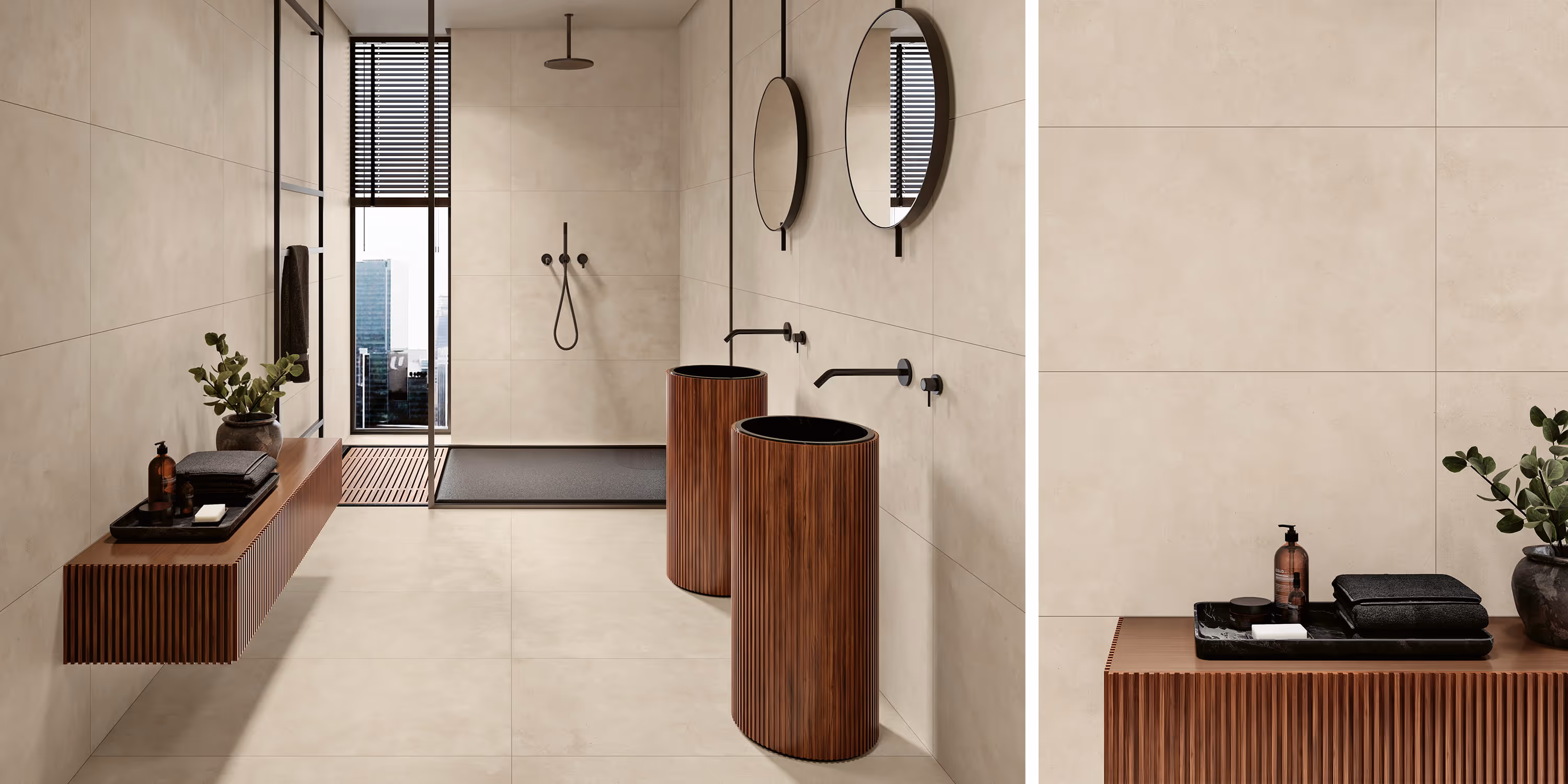 Modern bathroom with two wooden pedestal sinks, round mirrors, glass shower, and wall-mounted wooden shelf.