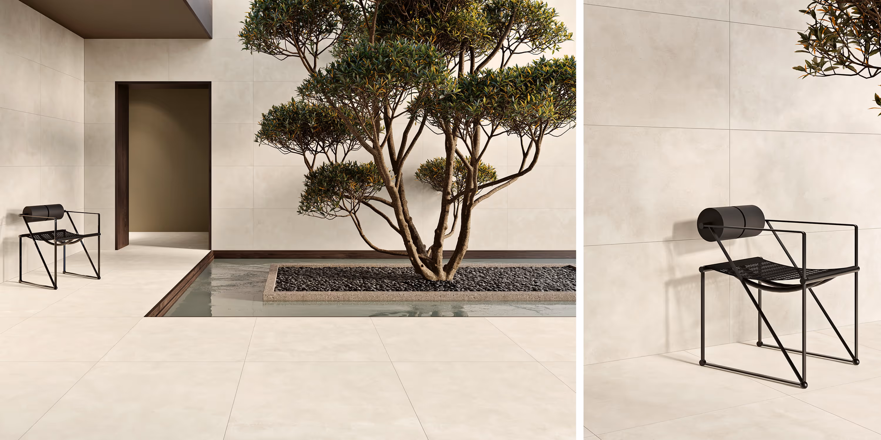 Modern patio with beige tiles, indoor tree surrounded by pebbles, black metal chair near doorway.