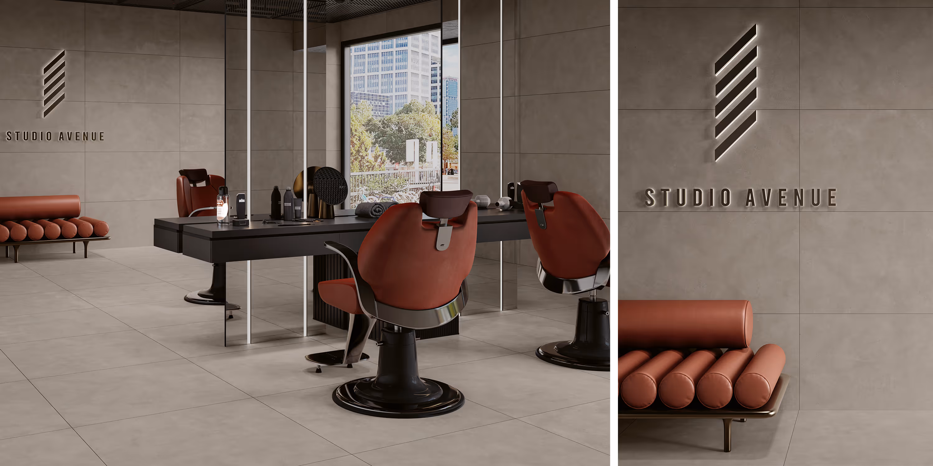 Modern hair salon with brown styling chairs, large mirror, and 'Studio Avenue' sign on tiled wall.