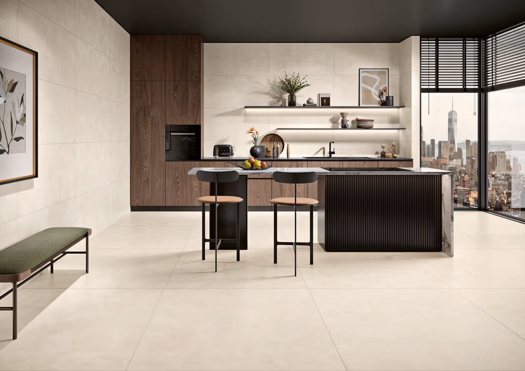 Modern kitchen with marble island, wood cabinets, two bar stools, and a city skyline view through windows.