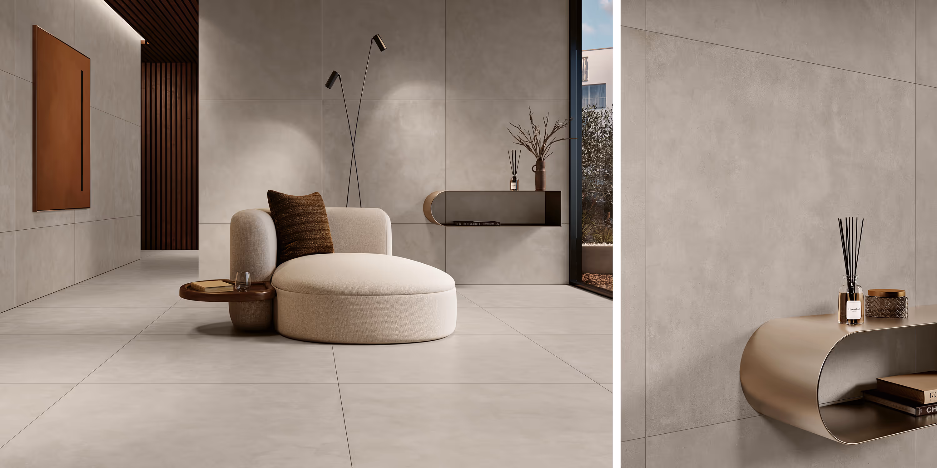 Modern beige lounge chair with brown cushion and side table in minimalist room with gray tiled walls and large window.