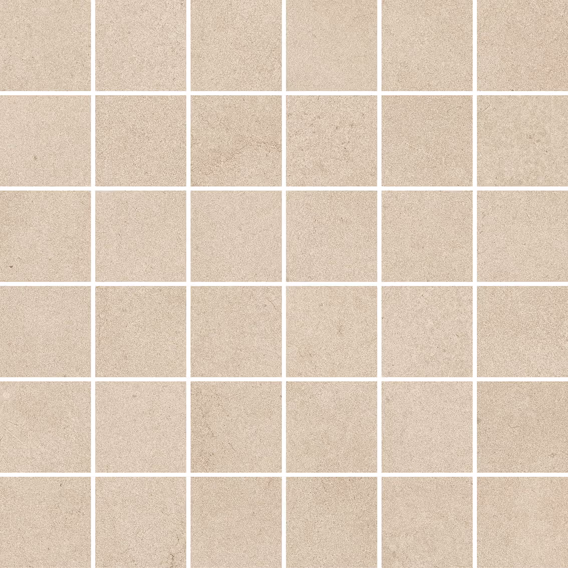Beige square mosaic tiles arranged in a grid with white grout lines between them.