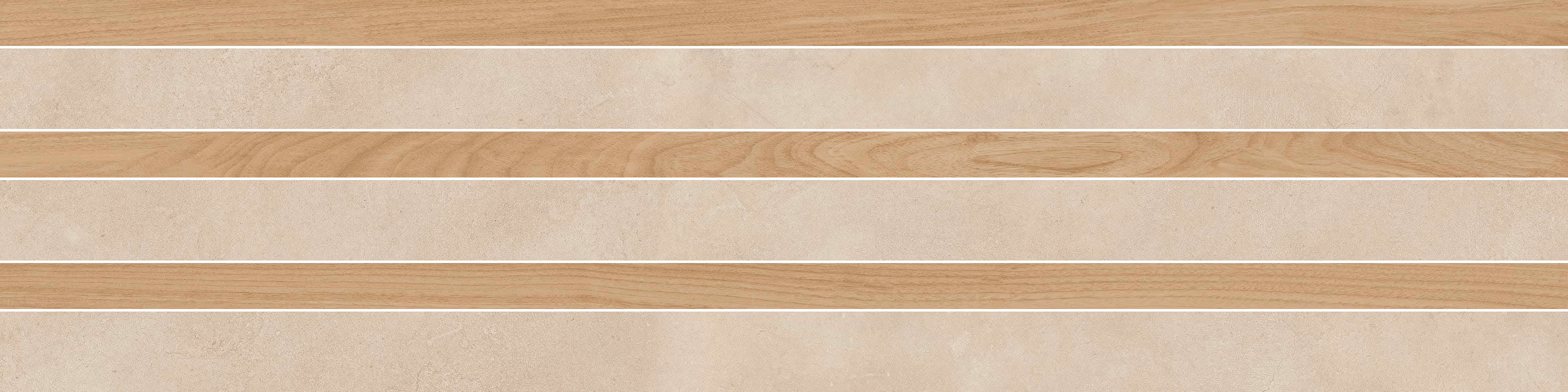 Alternating horizontal beige stone and light wood grain stripes pattern.