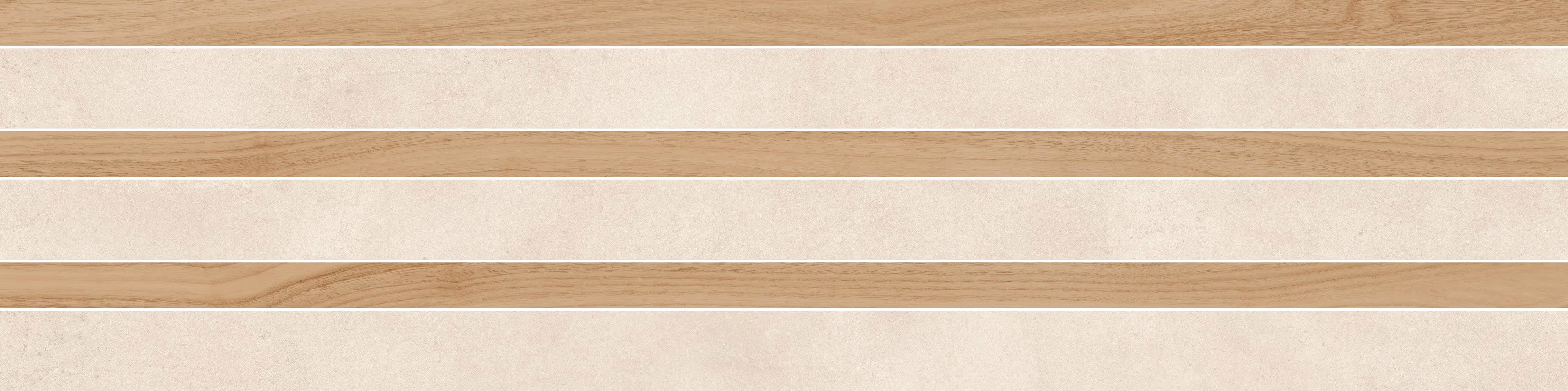 Pattern of alternating horizontal beige stone and light brown wood strips.