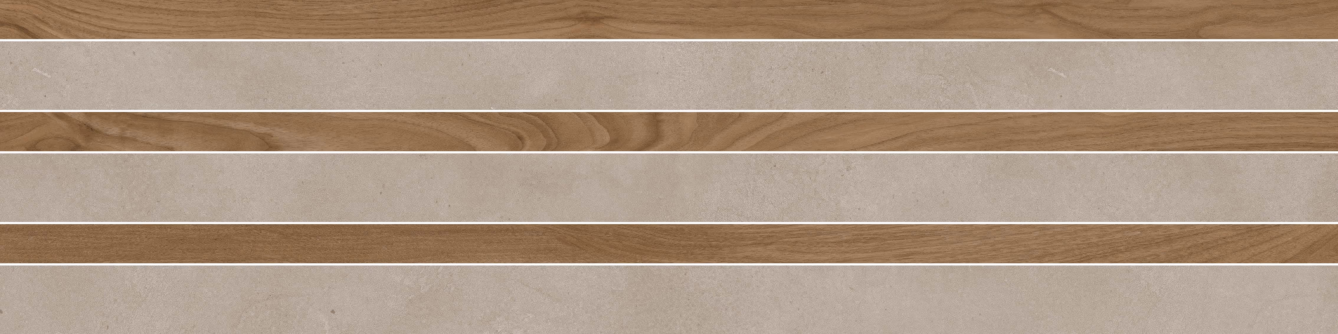 Floor design with alternating wood and stone horizontal stripes in natural tones.
