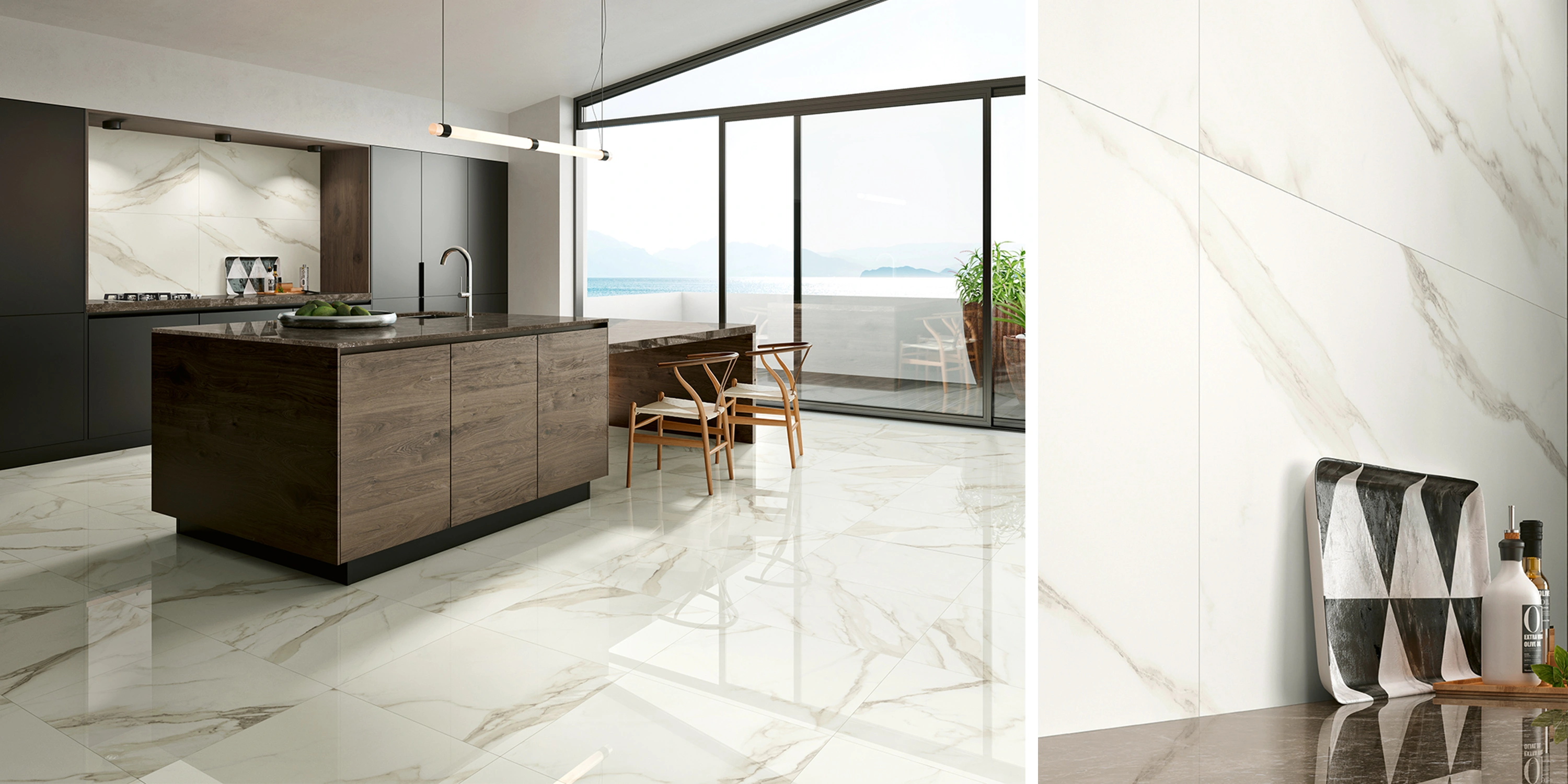 Modern kitchen with marble flooring, dark wood island, large windows, and ocean view in the background.