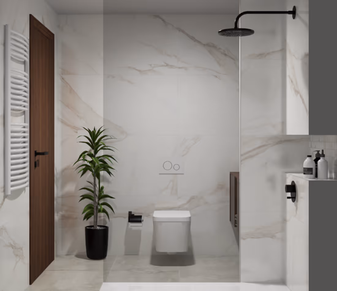 Modern bathroom with marble walls, a plant, wall-mounted toilet, and overhead black shower head.