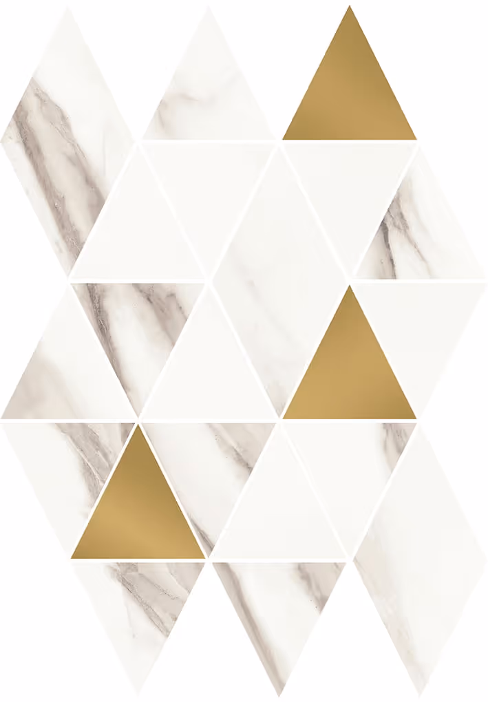 Geometric pattern of white, marble-textured, and gold triangles arranged in a tessellated design.