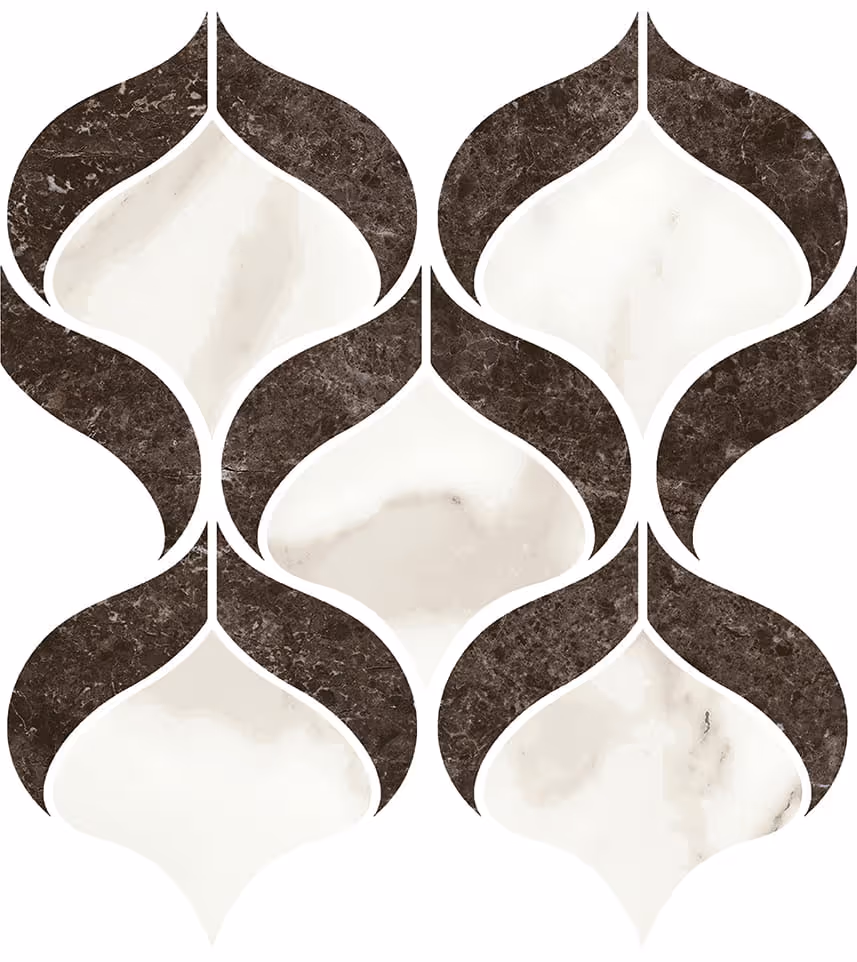 Pattern of white and dark marble tiles shaped like overlapping leaves or shells.