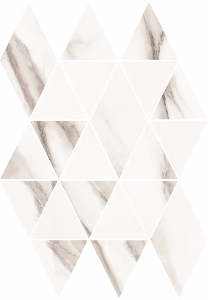 White marble mosaic tiles arranged in diamond and triangle shapes with gray veining.