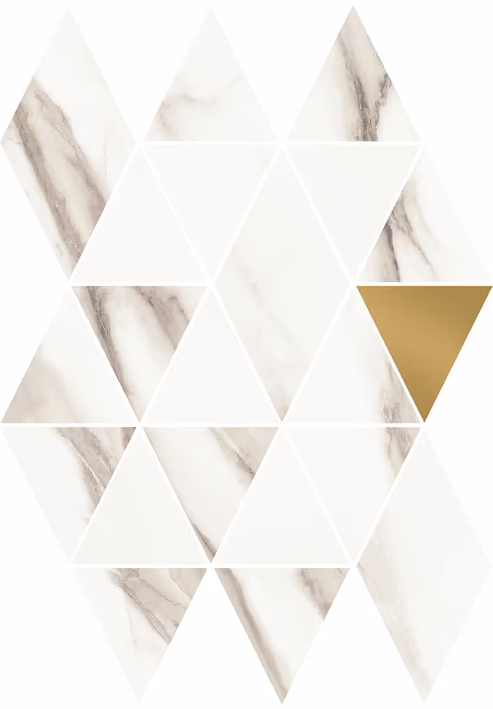Pattern of white marble triangular tiles with a single gold triangle on the right side.