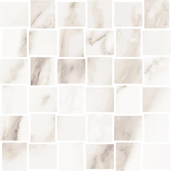 Grid of white marble tiles with light gray and beige veining arranged in rows and columns.