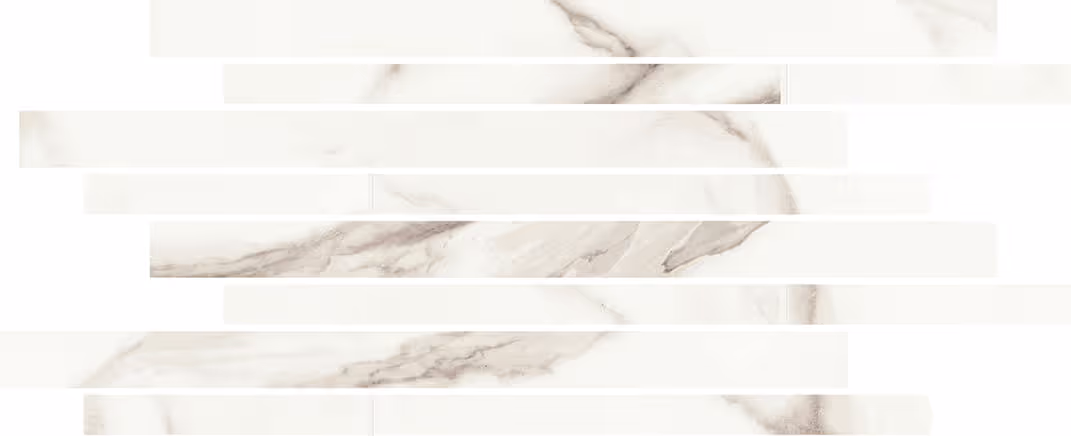 Horizontal white marble tiles with gray veins arranged in alternating staggered rows.