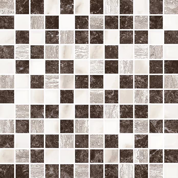 Mosaic tile pattern with alternating dark brown, light beige, and textured stone squares.