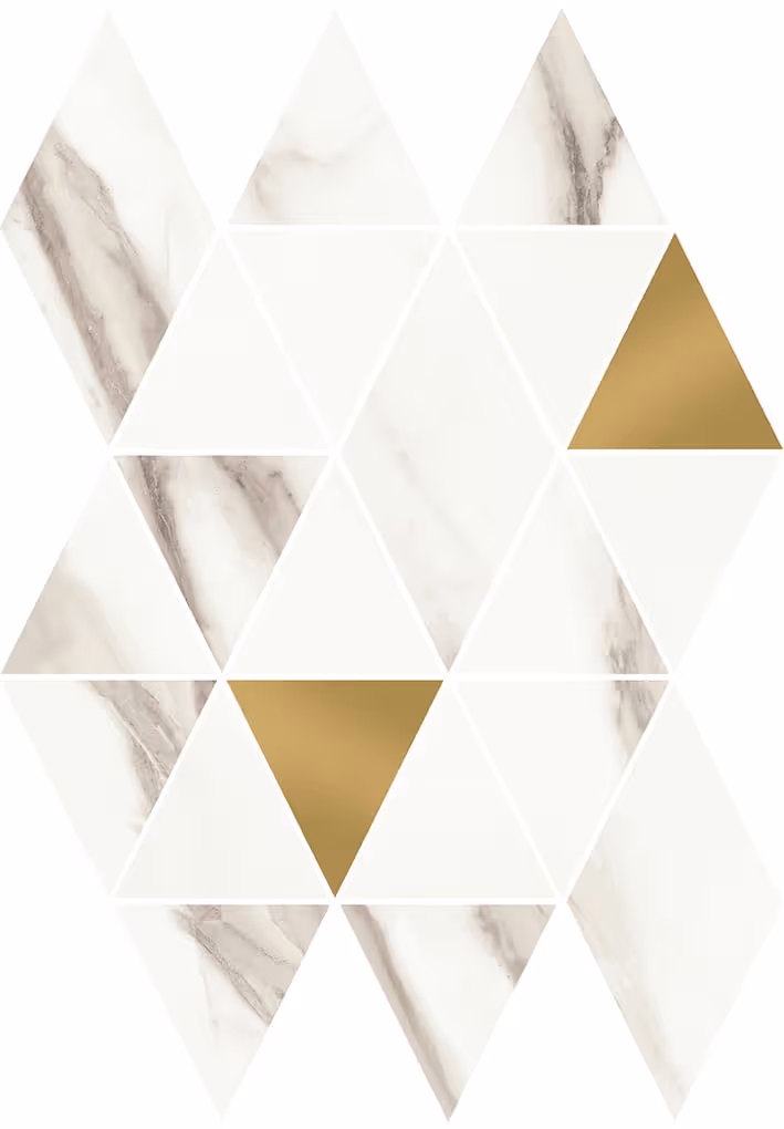 Geometric pattern of white marble and gold triangles arranged in a mosaic design.